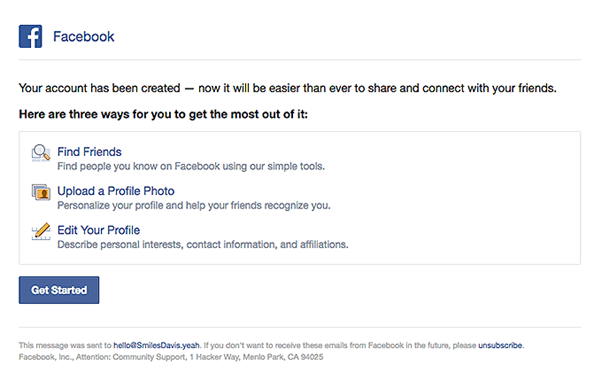 Facebook welcome email